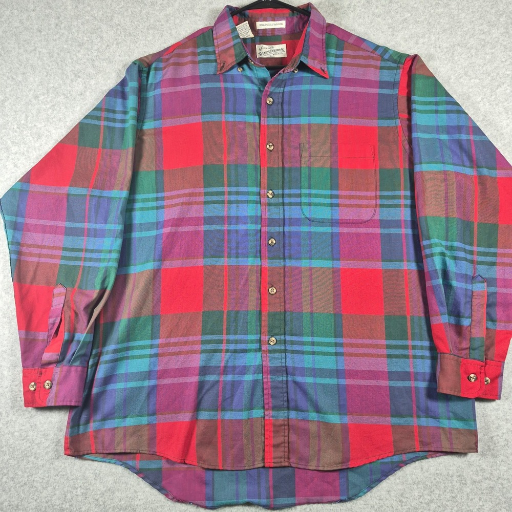 Vintage Sears Roebuck and Co Button Down Shirt Mens XL Red Plaid Long Sleeve